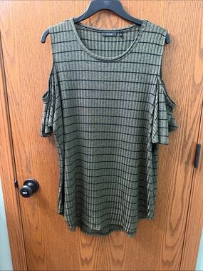 Apt. 9 Olive Green & Black Striped Cold-Shoulder Top